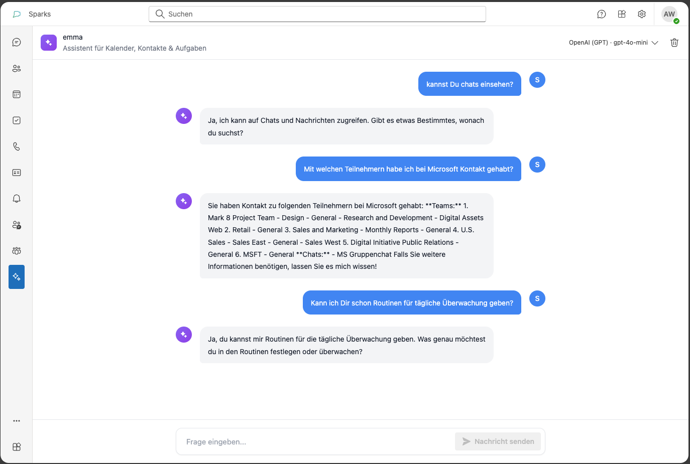 Sparks KI-Assistent emma – Konversation über Kalender, Kontakte und Aufgaben